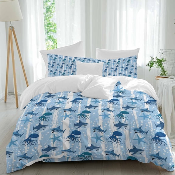 Summer Marine Life Twin Size Comforter Set, Watercolor Octopus Shark Ocean Starfish Bubbles Bedding for All Seasons, 4 Pcs Bed Set, 1 Quiltcover (68"x86") ,1Sheet(67"x116"), 2Pillowcases (30"x20")