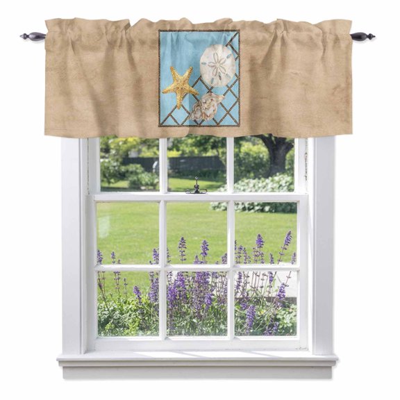 Summer Marine Life Valance Curtain Coastal Starfish Ocean Conch Rope Border Window Valances Rod Pocket Short Curtains Window Treatments for Kitchen Bedroom Bathroom Laundry 42" x 12"