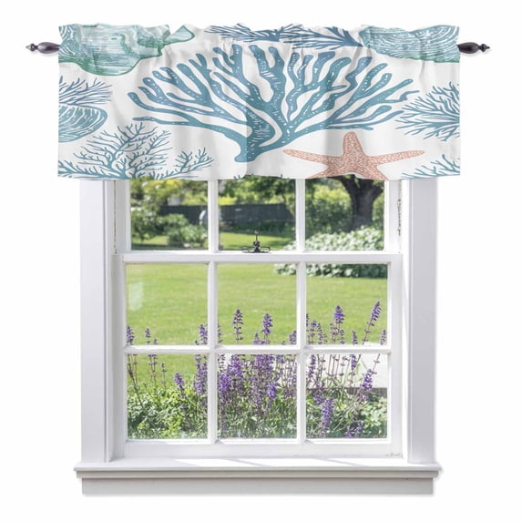 Summer Marine Life Valance Curtain Ocean Coral Simple Lines Art Window Valances Rod Pocket Short Curtains Window Treatments for Kitchen Bedroom Bathroom Laundry 42" x 18"