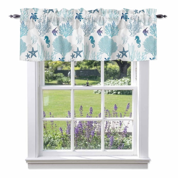 Summer Marine Life Valance Curtain Watercolor Blue Coral Seaweed Ocean Fish Window Valances Rod Pocket Short Curtains Window Treatments for Kitchen Bedroom Bathroom Laundry 42" x 18"