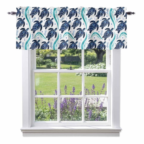 Summer Marine Life Valance Curtain Watercolor Navy Blue Sea Turtle Ocean Seaweed Wave Window Valances Rod Pocket Short Curtains Window Treatments for Kitchen Bedroom Bathroom Laundry 60" x 18"