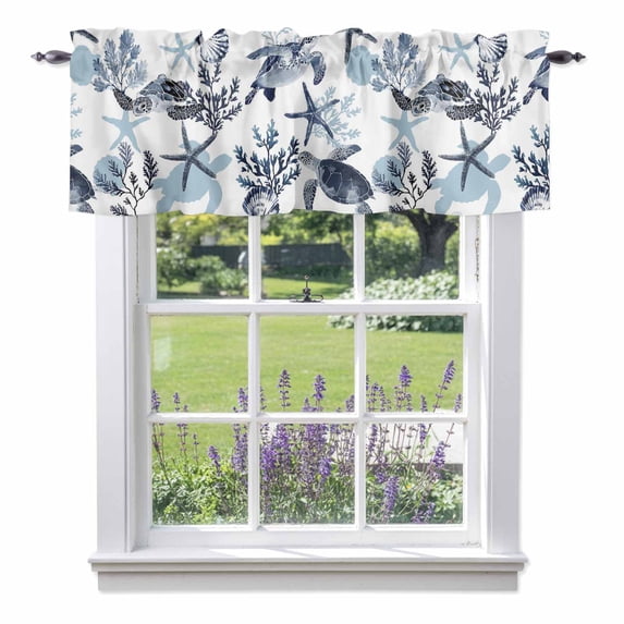 Summer Marine Life Valance Curtain for Windows Ocean Watercolor Sea Turtle Starfish Shell Coastal Rod Pocket Curtain Valances Short Window Treatments for Kitchen Bathroom Laundry 42 x 12 Inch