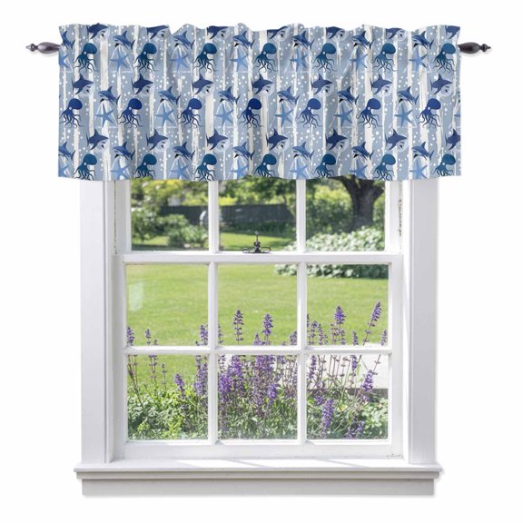 Summer Marine Life Valance Curtain for Windows Watercolor Octopus Shark Ocean Starfish Bubble Rod Pocket Curtain Valances Short Window Treatments for Kitchen Bathroom Laundry Basement 42 x 12 Inch