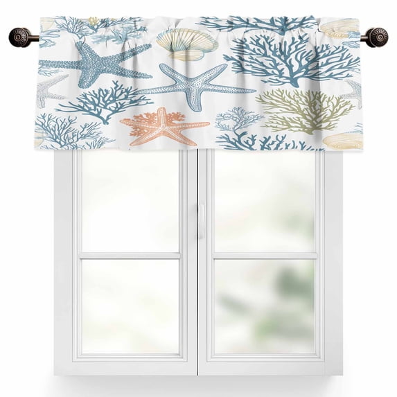 Summer Marine Life Valances for Windows, 42 x 18in, Ocean Coral Starfish Art Rod Pocket Kitchen Valance Curtain Light Filtering Window Treatments for Living Room Bedroom, 1 Panel