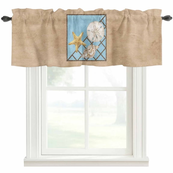 Summer Marine Life Valances for Windows Coastal Starfish Ocean Conch Rope Border Rod Pocket Curtain Valance Window Treatment Short Curtains for Kitchen Living Room, 42"x12"