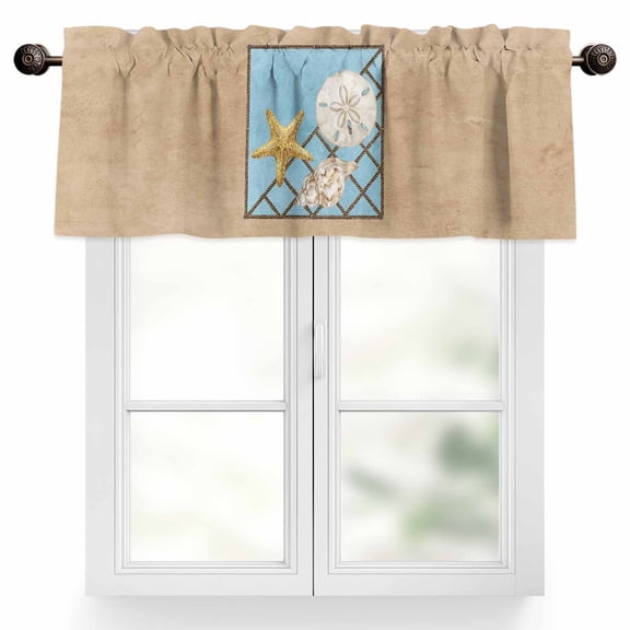 Summer Marine Life Valances for Windows Coastal Starfish Ocean Conch Rope Border Valance Curtains Rod Pocket Bathroom Small Window Treatments for Kitchen Living Room Bedroom, 42"x12"