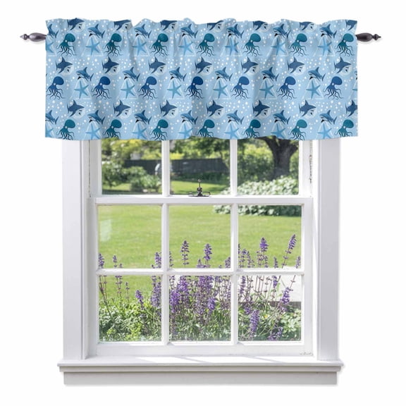 Summer Marine Life Valances for Windows Ocean Octopus Sharks Starfish White Bubble Rod Pocket Cafe Window Treatments Valance Curtains for Kitchen Bathroom Laundry Basement Windows 42"x12"