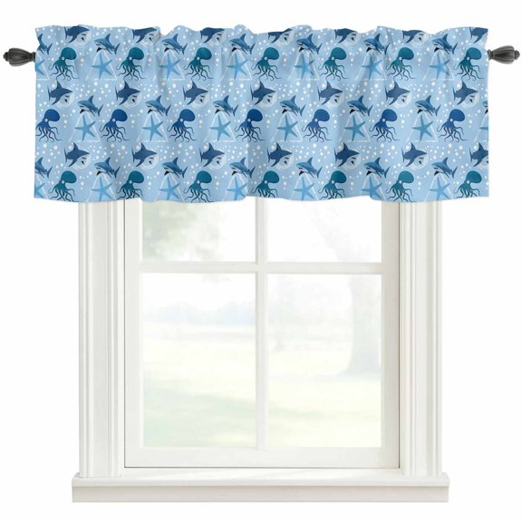 Summer Marine Life Valances for Windows Ocean Octopus Sharks Starfish White Bubble Rod Pocket Curtain Valance Window Treatment Short Curtains for Kitchen Living Room, 42"x12"