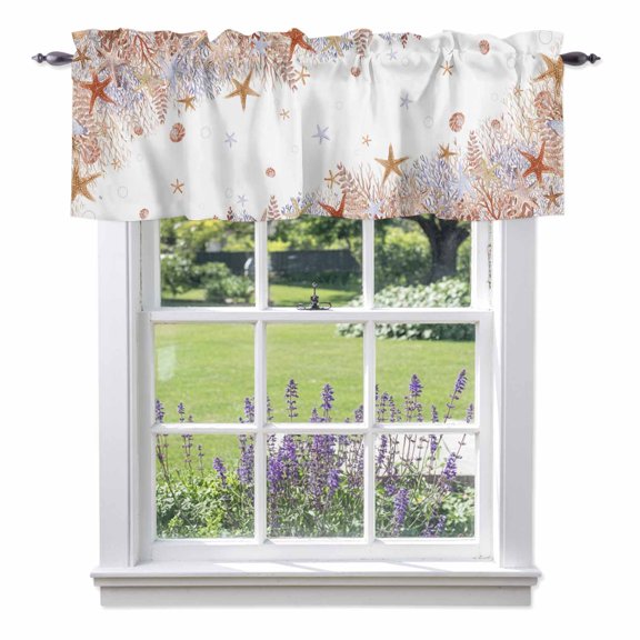 Summer Marine Life Valances for Windows Watercolor Orange Starfish Ocean Bubble Rod Pocket Cafe Window Treatments Valance Curtains for Kitchen Bathroom Laundry Basement Windows 42"x12"