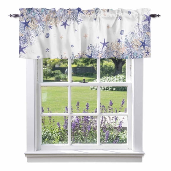 Summer Marine Life Valances for Windows Watercolor Purple Starfish Ocean Bubble Rod Pocket Cafe Window Treatments Valance Curtains for Kitchen Bathroom Laundry Basement Windows 42"x12"