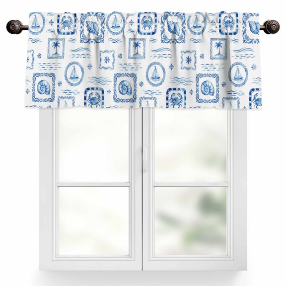 Summer Marine Life Valances for Windows Watercolor Stamp Ocean Wave Coastal Crab Sailboat Valance Curtains Rod Pocket Bathroom Small Window Treatments for Kitchen Living Room Bedroom, 42"x12"