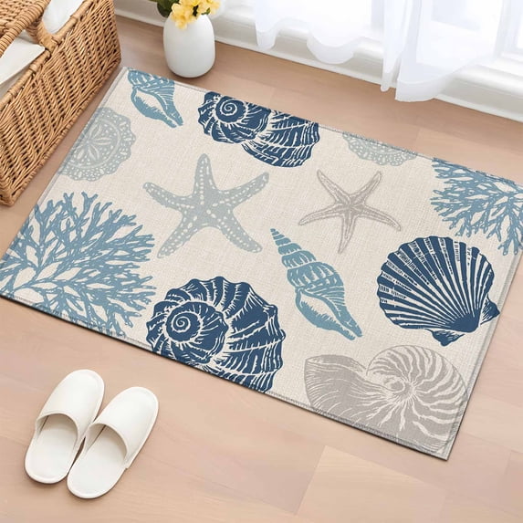 Summer Marine Life Washable Area Rug 2 x 3 ft Graffiti Coral Shell Conch Sea Blue Starfish Linen, Soft Non Slip Rugs Stain Repellent Indoor Felt Carpet for Living Dining Room Bedroom Home Office