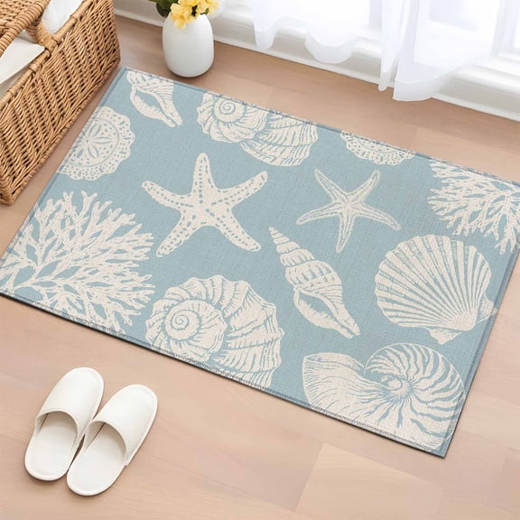 Summer Marine Life Washable Area Rug 2 x 3 ft Graffiti Corals Shell Conch Sea Starfish Pale Blue, Soft Non Slip Rugs Stain Repellent Indoor Felt Carpet for Living Dining Room Bedroom Home Office