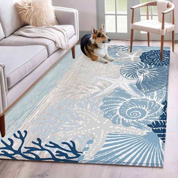 Summer Marine Life Washable Area Rug 3 x 5 ft Ocean Coral Coastal Starfish Conch Retro Wood Grain, Soft Non Slip Rugs Stain Repellent Indoor Felt Carpet for Living Dining Room Bedroom Home Office
