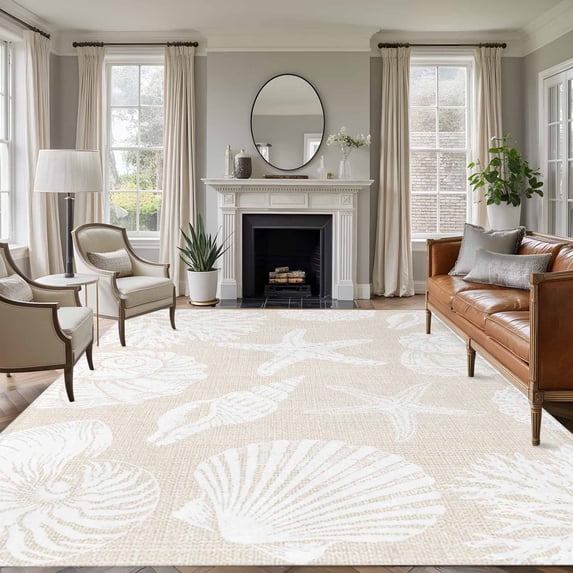 Summer Marine Life Washable Area Rug 5 x 8 ft Graffiti Corals Shell Conch Sea Starfish Retro, Soft Non Slip Rugs Stain Repellent Indoor Felt Carpet for Living Dining Room Bedroom Home Office