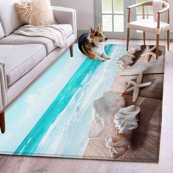 Summer Marine Life Washable Area Rugs 2.7'x5', Ocean Conch Starfish Coastal Landscape Low Pile Throw Living Room Rug Non-Slip Sturdy Edge Binding Carpet for Indoor Entryway Bedside Kitchen