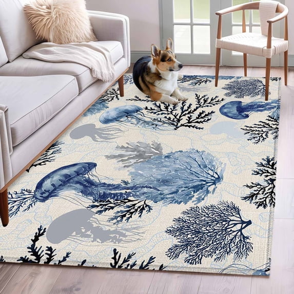 Summer Marine Life Washable Area Rugs 2.7'x5', Ocean Watercolor Jellyfish Coastal Coral Vintage Low Pile Throw Living Room Rug Non-Slip Sturdy Edge Binding Carpet for Indoor Entryway Bedside Kitchen