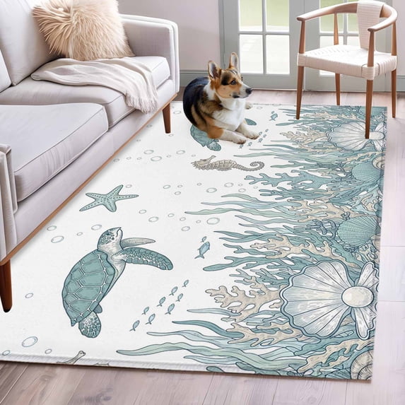 Summer Marine Life Washable Area Rugs 4'x6', Nautical Starfish Ocean Seahorse Sea Turtle Coastal Low Pile Throw Living Room Rug Non-Slip Sturdy Edge Binding Carpet for Indoor Entryway Bedside Kitchen