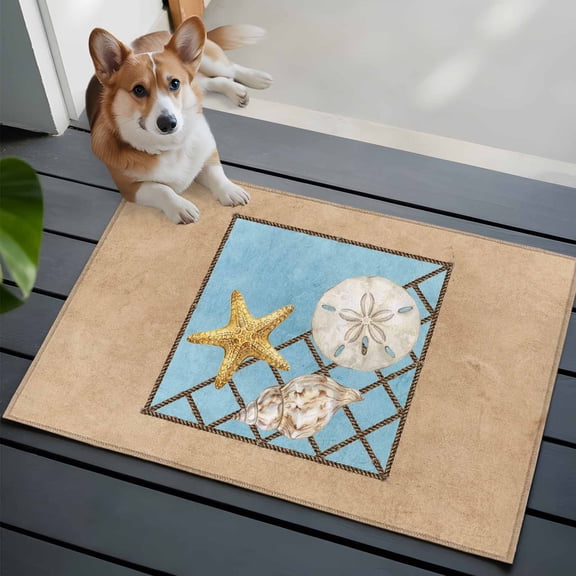 Summer Marine Life Washable Entry Rug 2x3 Coastal Starfish Ocean Conch Rope Border Low Pile Indoor Door Mat with Rubber Backing Thin Area Rug for for Entrance, Bedroom, Kitchen, Laundry, Bathroom