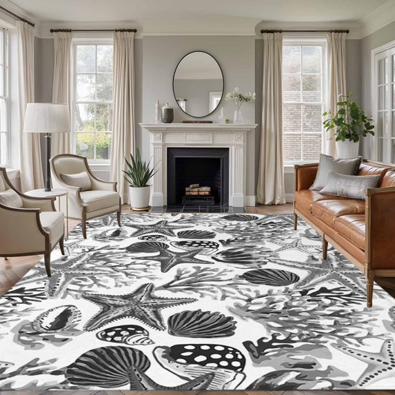 Summer Marine Life Washable Living Room Rugs 5'x7', Black Starfish Coral Shell Low Pile Throw Large Area Rugs Non-Slip Sturdy Edge Binding Carpet for Dining Room Bedside Kitchen