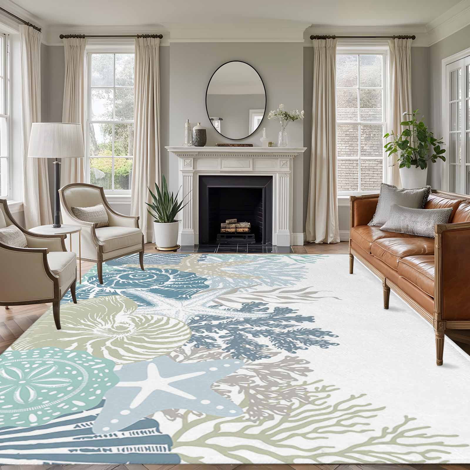 Summer Marine Life Washable Living Room Rugs 5'x7', Ocean Coral Coastal ...
