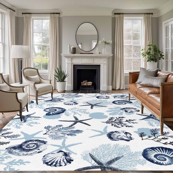 Summer Marine Life Washable Living Room Rugs 6'x9', Ocean Watercolor Conch Starfish Shell Coastal Low Pile Throw Large Area Rug Non-Slip Sturdy Edge Binding Carpet for Dining Room Kitchen Office