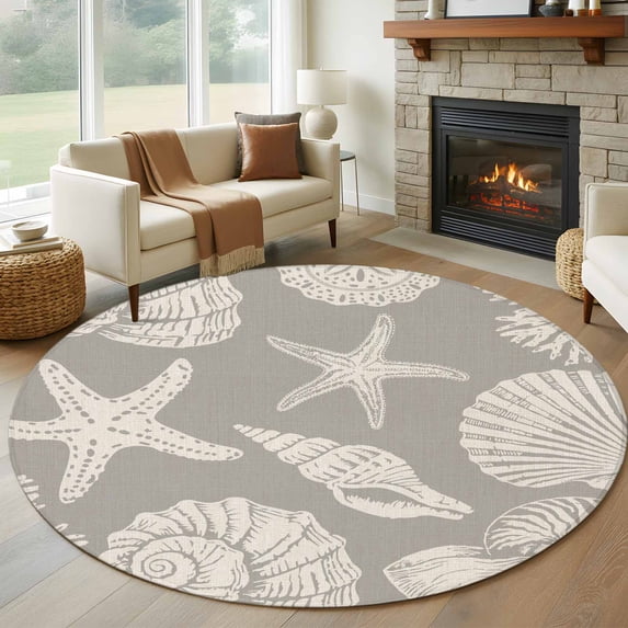 Summer Marine Life Washable Round Area Rug 7 ft, Graffiti Corals Shell Conch Sea Starfish Grey, Soft Non Slip Rugs Stain Repellent Indoor Felt Carpet for Living Dining Room Bedroom Home Office