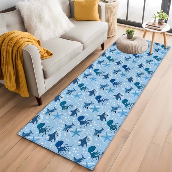 Summer Marine Life Washable Runner Rugs 2'x6', Ocean Octopus Sharks Starfish White Bubble Low Pile Throw Entryway Rug Non-Slip Sturdy Edge Binding Carpet for Indoor Bedside Entrance Bedside
