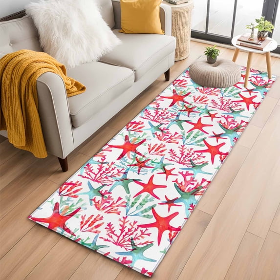 Summer Marine Life Washable Runner Rugs 2'x6', Red Green Starfish Coral Shell Low Pile Throw Entryway Rug Non-Slip Sturdy Edge Binding Carpet for Indoor Bedside Entrance Bedside