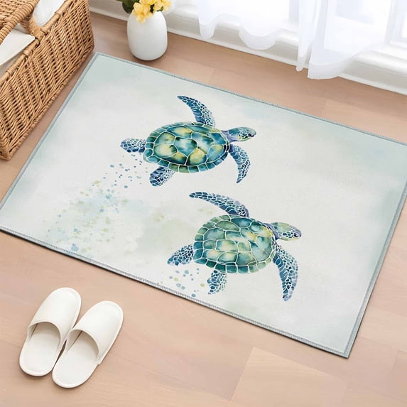 Summer Marine Life Washable Small Entryway Area Rugs 2'x3', Ocean Pair Sea Turtle Water Splash Coastal Low Pile Throw Rug Non-Slip Sturdy Edge Binding Carpet for Front Door Floor Room Entry
