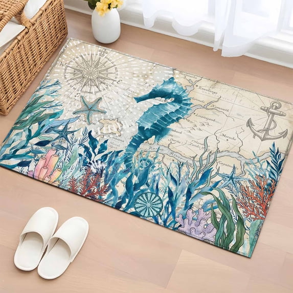 Summer Marine Life Washable Small Entryway Area Rugs 2'x3', Ocean Seahorse Starfish Coral Coastal Anchor Low Pile Throw Rug Non-Slip Sturdy Edge Binding Carpet for Front Door Floor Room Entry