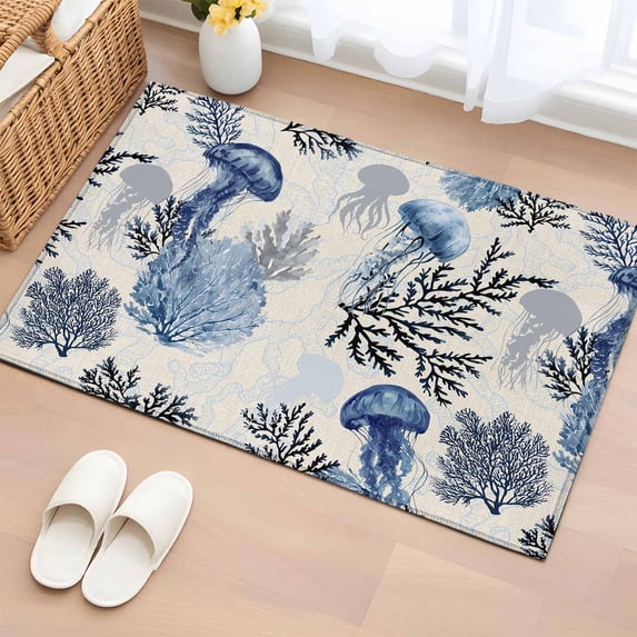 Summer Marine Life Washable Small Entryway Area Rugs 2'x3', Ocean Watercolor Jellyfish Coastal Coral Vintage Low Pile Throw Rug Non-Slip Sturdy Edge Binding Carpet for Front Door Floor Room Entry