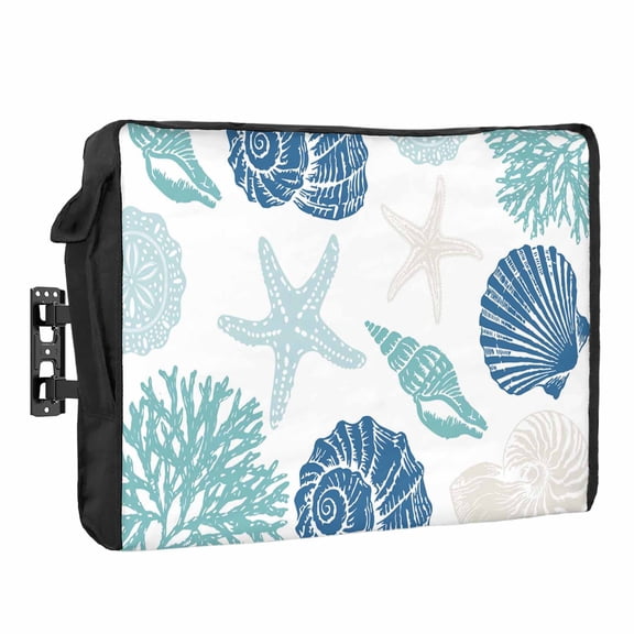 Summer Marine Life Waterproof Outdoor TV Cover, Graffiti Blue Corals Shell Conch Sea Starfish Outside Weatherproof TV Enclosures for 80 to 85 Inch LCD Television Shield Flat Screen Protectors