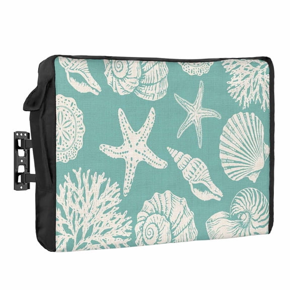 Summer Marine Life Waterproof Outdoor TV Cover, Graffiti Corals Shell Conch Sea Starfish Teal Outside Weatherproof TV Enclosures for 30 to 32 Inch LCD Television Shield Flat Screen Protectors