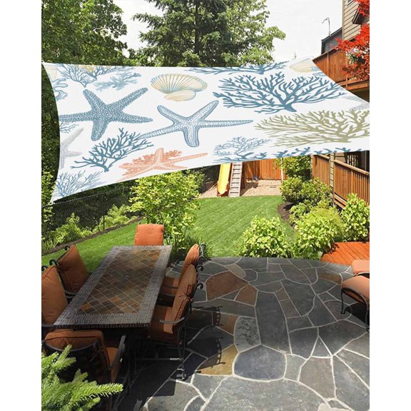 Summer Marine Life Waterproof Sun Shade Sail Ocean Coral Starfish Art Outdoor Patio Sun Shades Canopy UV Block Waterproof Sunshade for Garden Backyard Deck Pergola 6.5x10 Ft