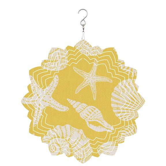 Summer Marine Life Wind Spinner for Garden Yard 8In, Graffiti Corals Shell Conch Sea Starfish Yellow 3D Stainless Steel Kinetic Hanging Wind Spinners Rustproof Outdoor Decor for Lawn Patio Home