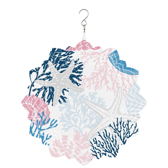 Summer Marine Life Wind Spinner for Garden Yard 8In, Graffiti Pink Corals Shell Conch Sea Starfish 3D Stainless Steel Kinetic Hanging Wind Spinners Rustproof Outdoor Decor for Lawn Patio Home
