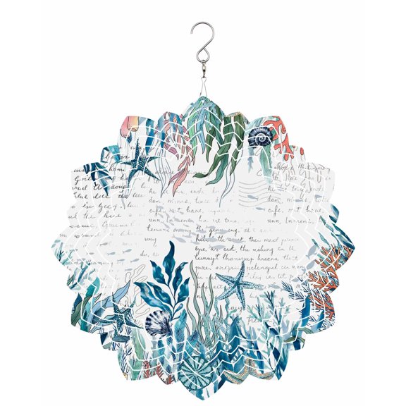 Summer Marine Life Wind Spinner for Garden Yard 8In, Ocean Coral Starfish Sea Conch Seaweed Letter Print 3D Stainless Steel Kinetic Hanging Wind Spinners Rustproof Outdoor Decor for Lawn Patio Home