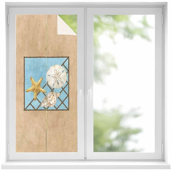 Summer Marine Life Window Privacy Film, Coastal Starfish Ocean Conch Rope Border Frosted Glass Window Clings Static Cling UV Heat Blocking Reusable Door Sticker for Bathroom 17.7 x 39.3 Inch