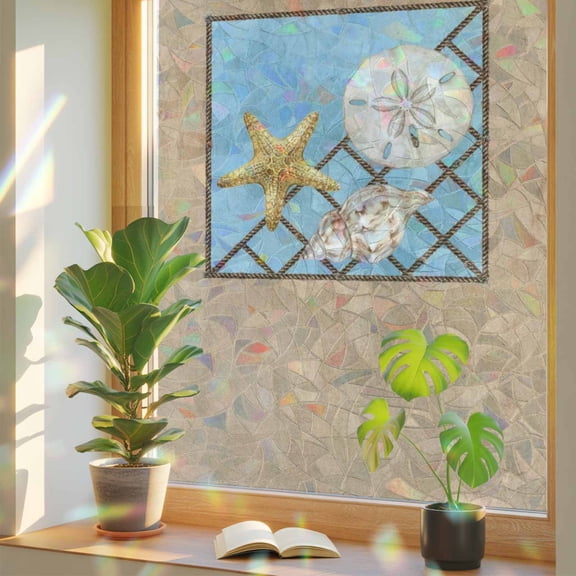 Summer Marine Life Window Privacy Film, Coastal Starfish Ocean Conch Rope Border Stained Glass Rainbow Film Decorative Window Clings, Static Cling Sun Blocking Stickers 19.6" x 39.3"