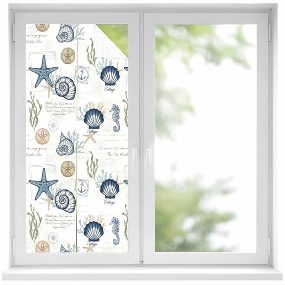Summer Marine Life Window Privacy Film, Ocean Starfish Conch Shell Letter Print Retro Frosted Glass Window Clings Static Cling UV Heat Blocking Reusable Door Sticker for Bathroom 17.7 x 39.3 Inch