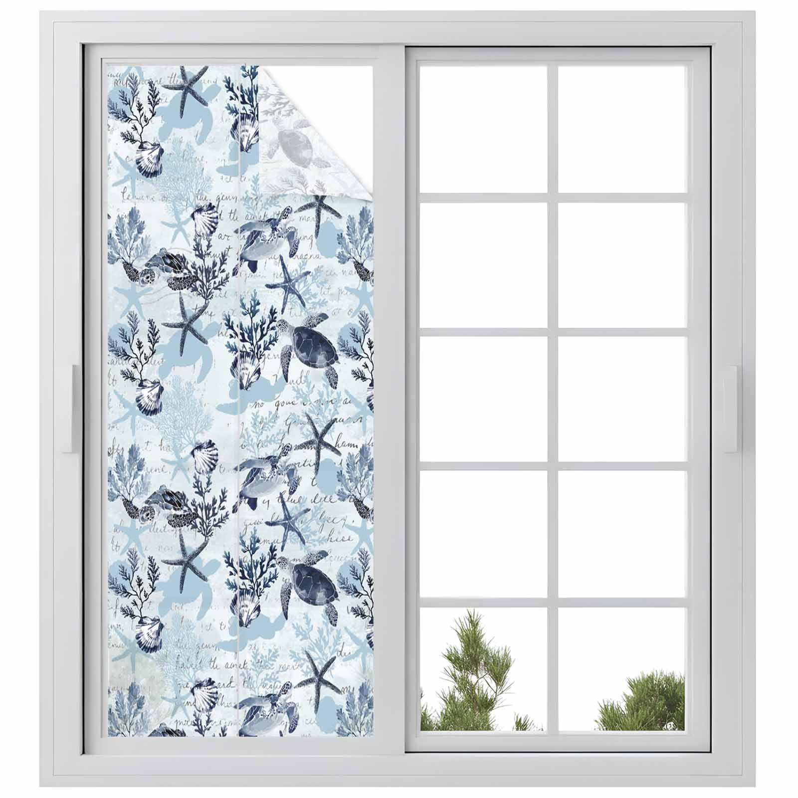 Summer Marine Life Window Privacy Film, Ocean Watercolor Sea Turtle ...