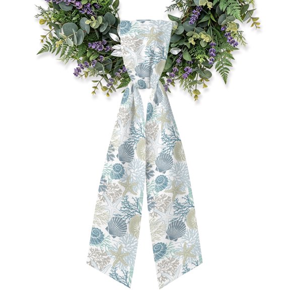 Summer Marine Life Wreath Sash for Front Door, Colorful Graffiti Corals Shell Sea Conch Starfish Satin Wreath Ribbon Bow Accessory Garland Home Decor for Doorway Porch Yard 4.5x56
