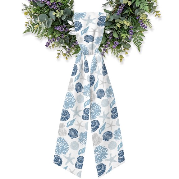 Summer Marine Life Wreath Sash for Front Door, Graffiti Coral Shell Conch Sea Blue Starfish Satin Wreath Ribbon Bow Accessory Garland Home Decor for Doorway Porch Yard 4.5x56