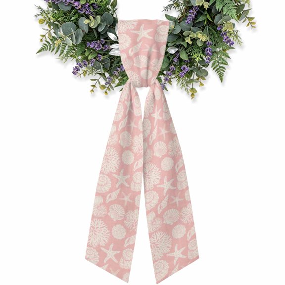 Summer Marine Life Wreath Sash for Front Door, Graffiti Corals Shell Conch Sea Starfish Pink Satin Wreath Ribbon Bow Accessory Garland Home Decor for Doorway Porch Yard 4.5x56