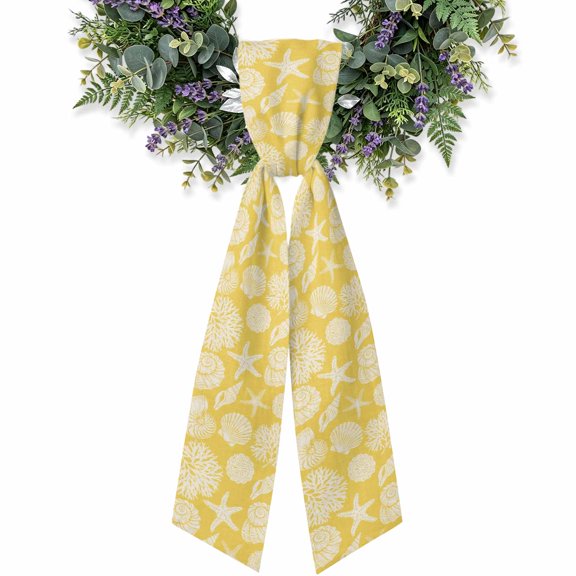 Summer Marine Life Wreath Sash for Front Door, Graffiti Corals Shell Conch Sea Starfish Yellow Satin Wreath Ribbon Bow Accessory Garland Home Decor for Doorway Porch Yard 4.5x56