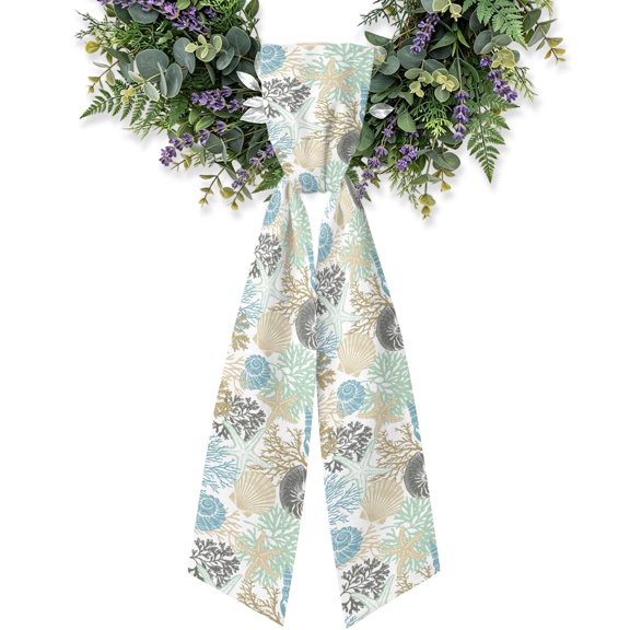 Summer Marine Life Wreath Sash for Front Door, Graffiti Corals Shell Sea Conch Starfish Colorful Satin Wreath Ribbon Bow Accessory Garland Home Decor for Doorway Porch Yard 4.5x56