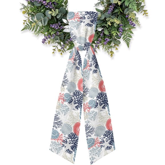 Summer Marine Life Wreath Sash for Front Door, Graffiti Red Corals Shell Conch Sea Starfish Satin Wreath Ribbon Bow Accessory Garland Home Decor for Doorway Porch Yard 4.5x56