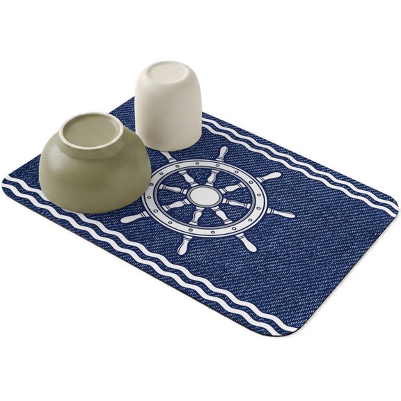 Summer Marine Nautical Rudder Denim Dish Drying Mat,Absorbent Diatomaceous Earth Mats Ocean Theme Helm Navy Blue Coffee Mat Dishes Drainer Pad for Kitchen Counter Rack Sink Utensils,12x16in