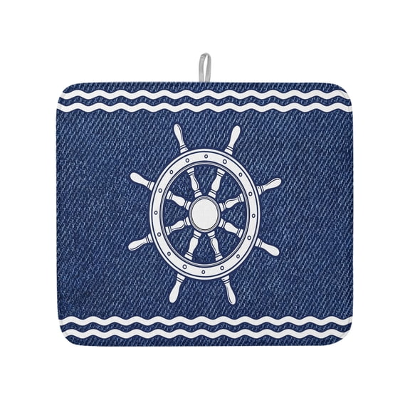 Summer Marine Nautical Rudder Denim Dish Drying Mats for Kitchen Counter,Absorbent Microfiber Dish Drainer Rack Mat Ocean Theme Helm Navy Blue Drying Pad for Sinks,Utensils,Countertops,16x18in